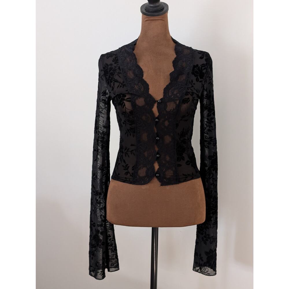 Whimsigoth Black Floral Burnout Velvet Lace Top - Bell Sleeve  M Fits like S/XS - Picture 2 of 11